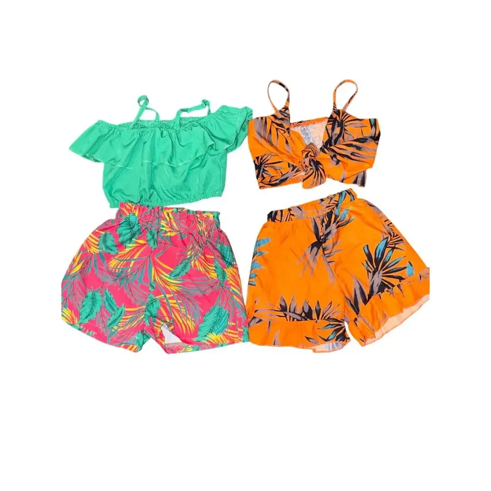 2 Tropical Summer Outfit Sets 12-24M Off Shoulder Crop Top Shorts Bundle